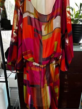 Robbie Bee Multicolor Geometric Blouson Dress - Pink, Red, Green